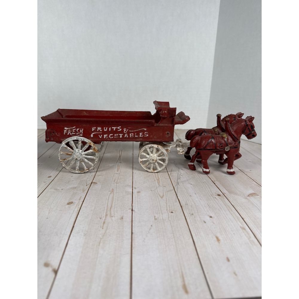 Vintage Cast Iron Horse Drawn Grocery Wagon Fresh Fruits Vegetables